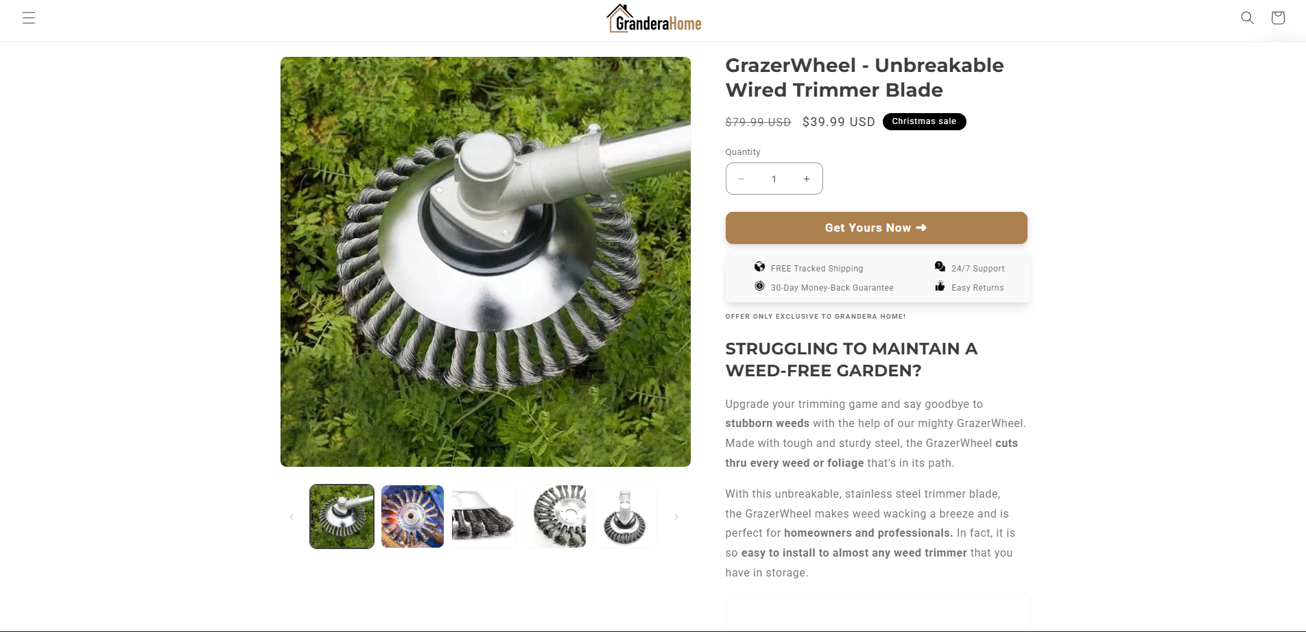Grandera Home garden trimmer landing page with product gallery, pricing and call to action