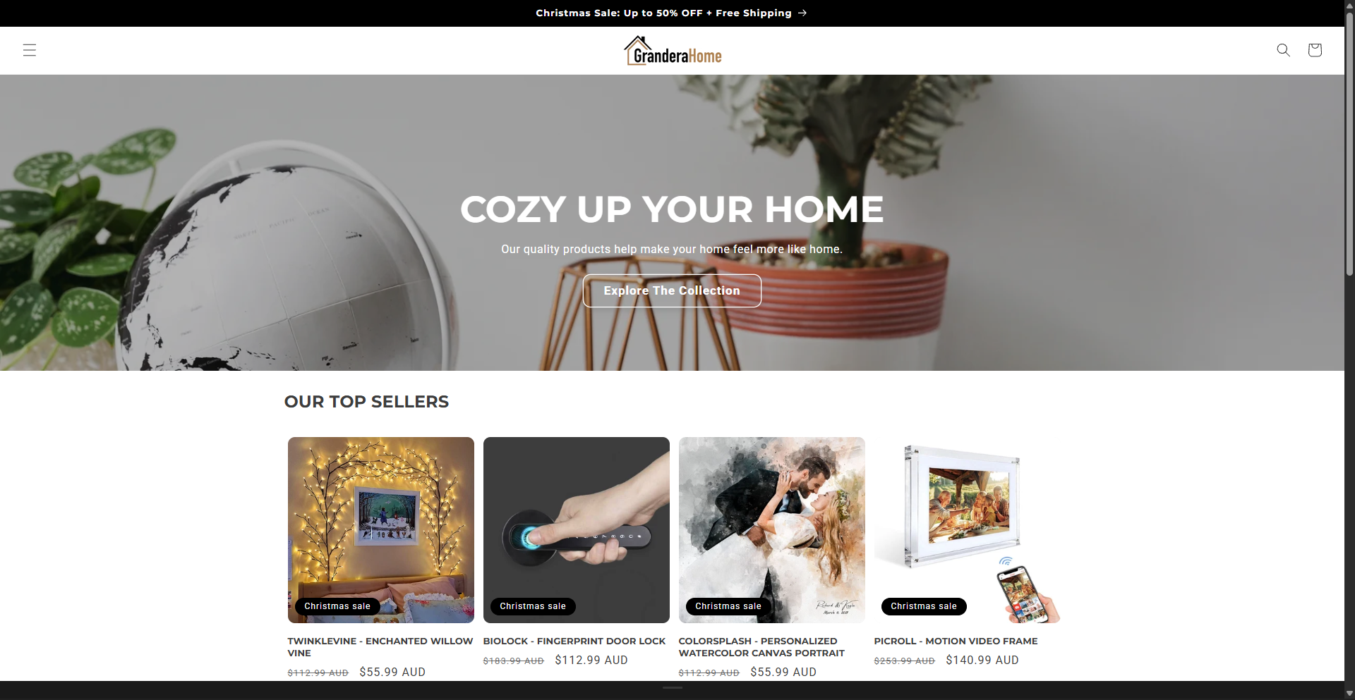 Grandera Home Shopify storefront with a hero banner and product collection