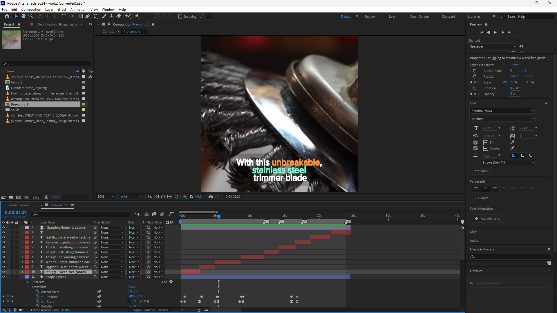 Editing the garden trimmer product video in Adobe After Effects